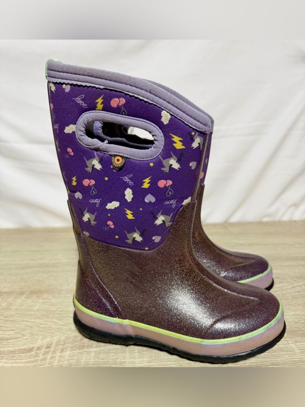 BOGS Classic Pegasus Kids Waterproof Purple Rain Boots Pull-On Sz 12